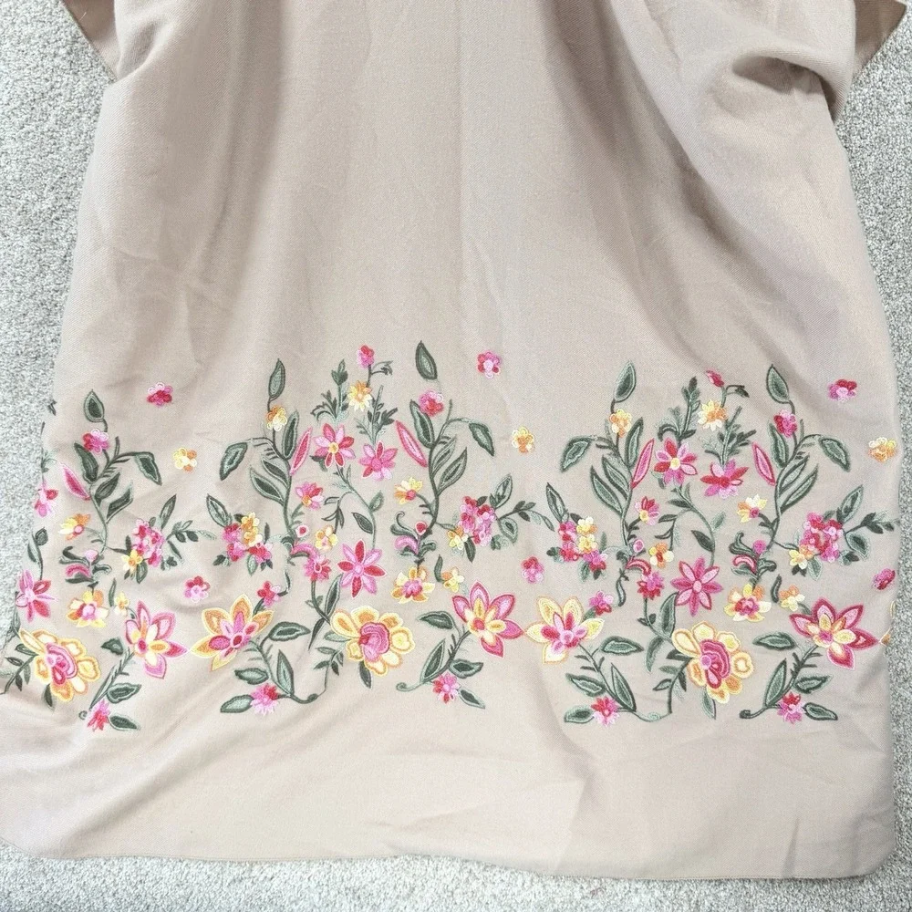 Embroidered Floral Shawl Wrap Poncho Ruana OS Tan Cottagecore Festival Boho Long